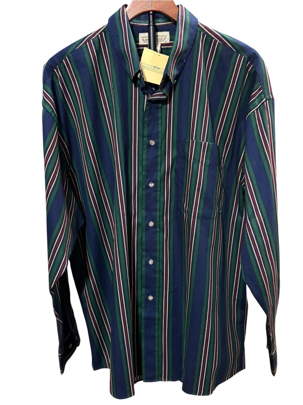 Nantucket Mens Classic Striped Button-Down Long Sleeve Shirt in Navy & Green  XL